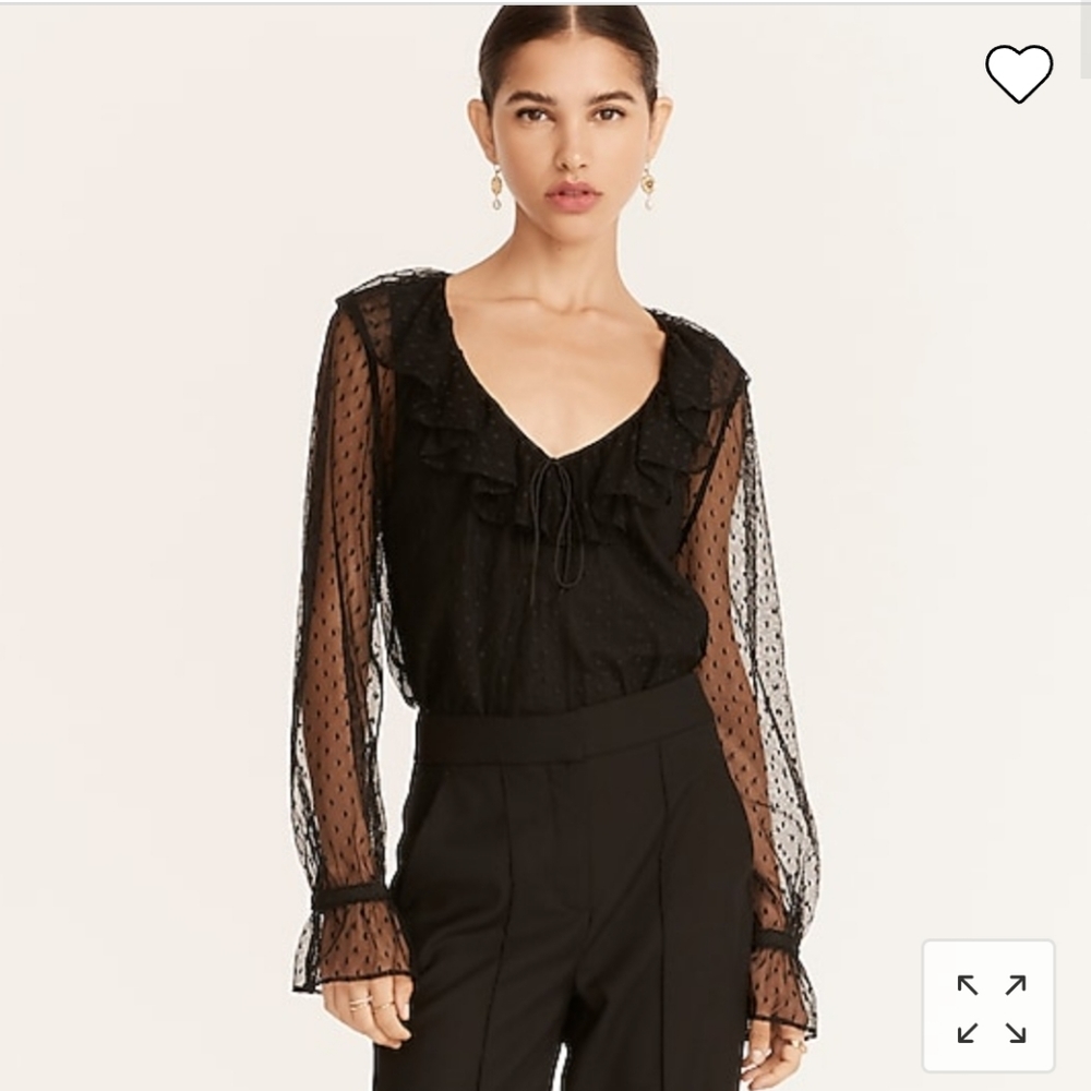 J. Crew Black Sheer Dot Ruffle Blouse